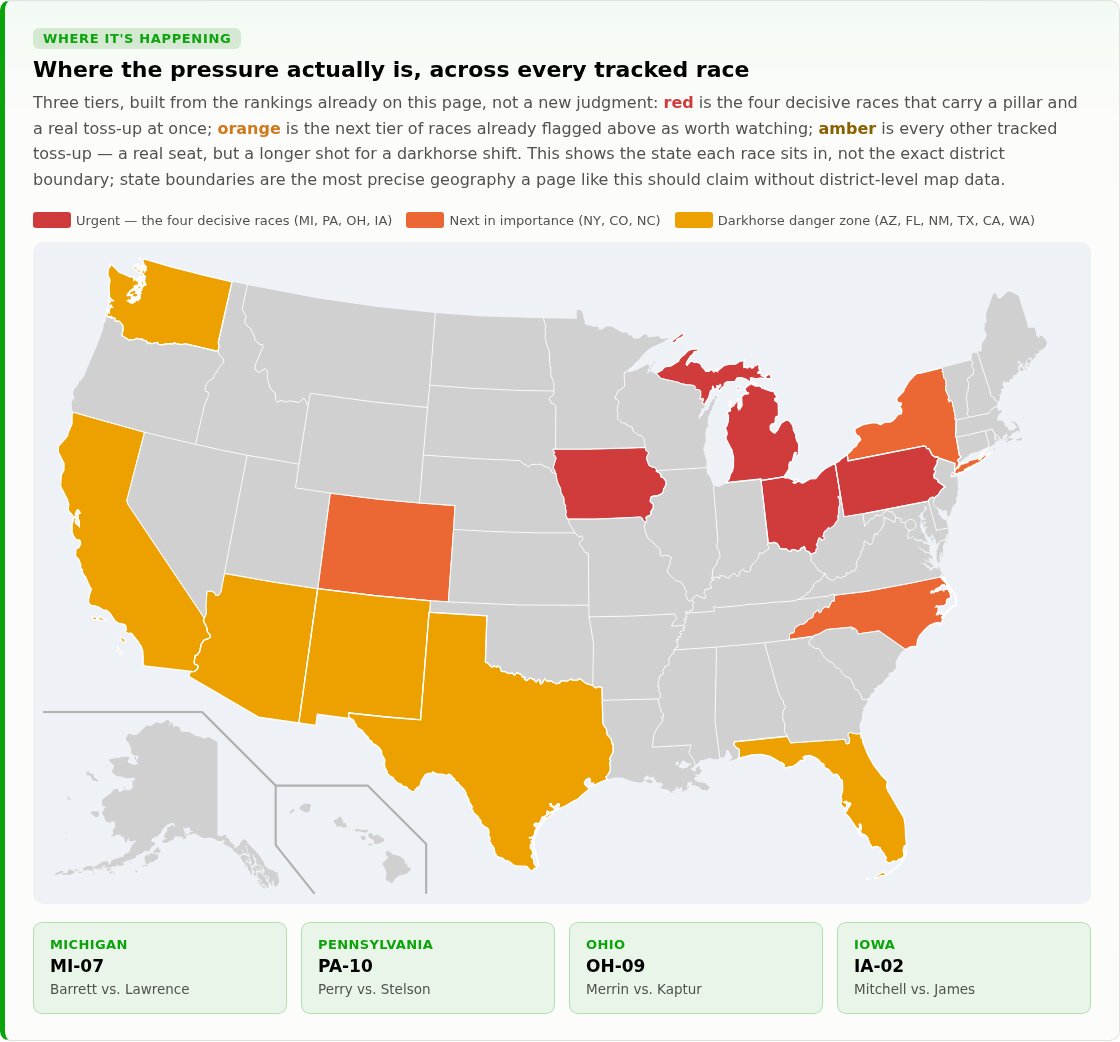 Three-tier urgency map of battleground House races by state